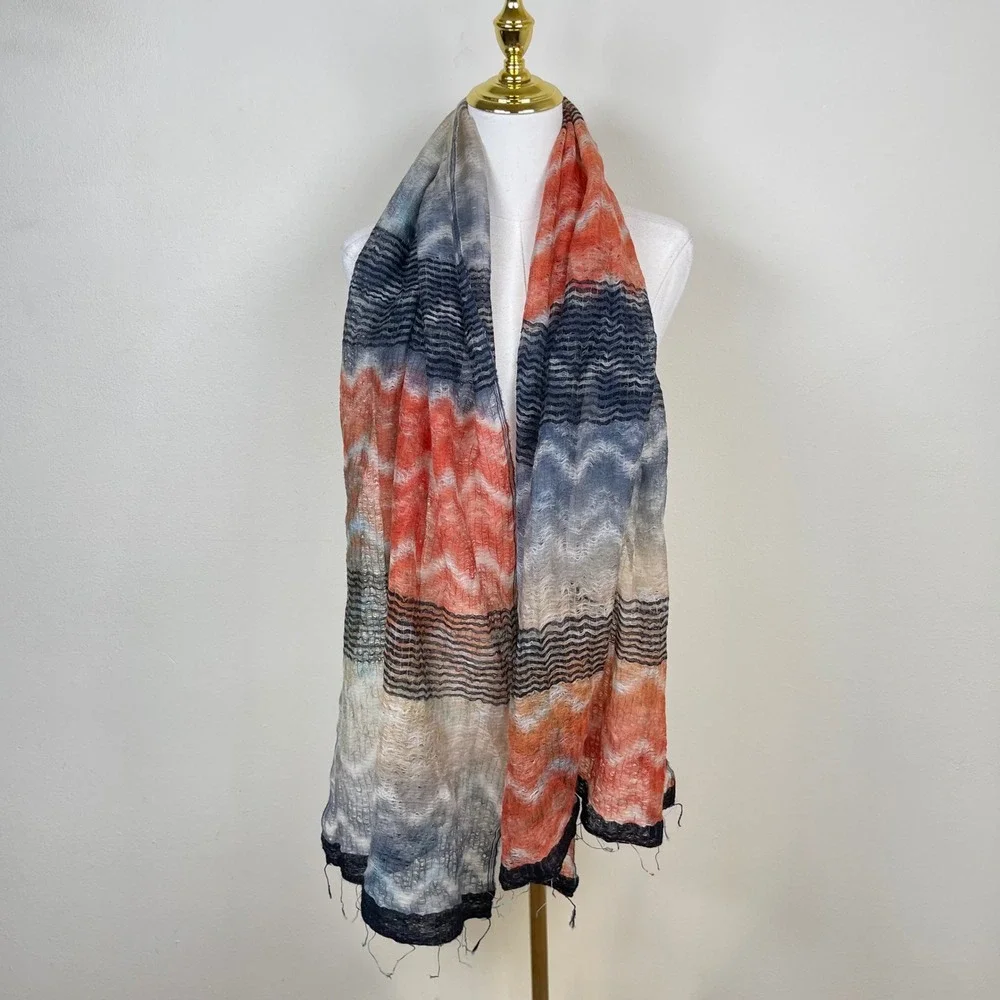 Asian Eye Scarf Women Blue Orange Wool Silk Blend Zig Zag Abstract Sheer Wrap